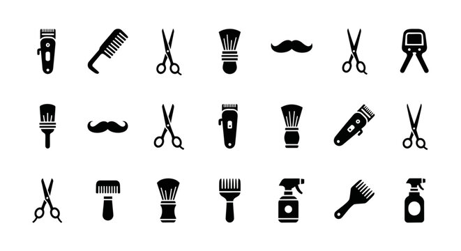 Collection of barbershop and grooming black silhouette icons including scissors clippers comb and mustache on white background