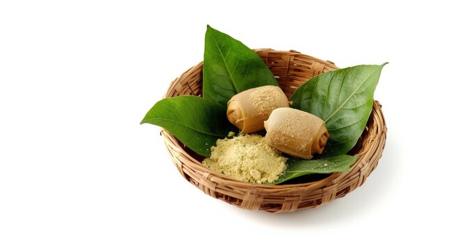 Traditional chewing betel nut wrapped in leaves placed with cal lime powder inside bamboo basket on white background