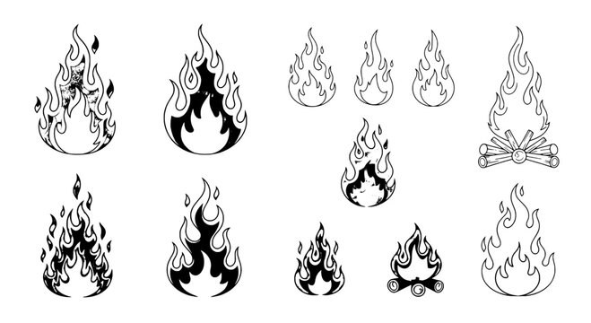 Flames vector set with black and white icons, including campfire and burning fire graphics, various styles and shapes