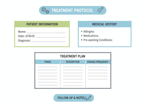 A medical professional reviews a patient's treatment protocol document with information sections.