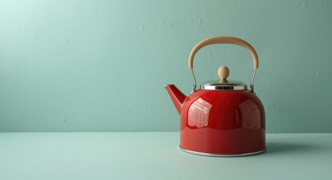Vintage red kettle situated on a minimal mint textured surface with copy space
