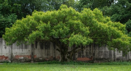 Obraz premium Flourishing green tree coupled with worn concrete wall and surrounding grassy area plus copy space