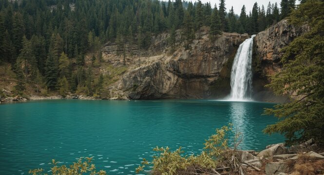 Wild mountain environment with deep turquoise lake and elegant waterfall in a nature preserve