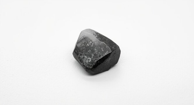 Untreated black kyanite stone piece positioned on a matte white background
