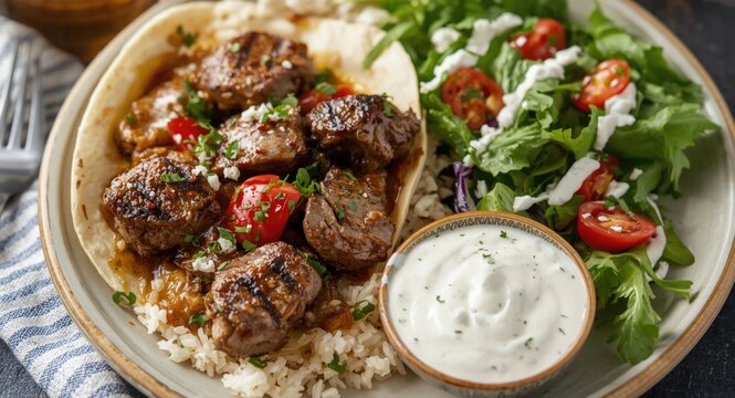 Savory grilled lamb gyros with rice and a crisp green salad served with creamy tzatziki dressing