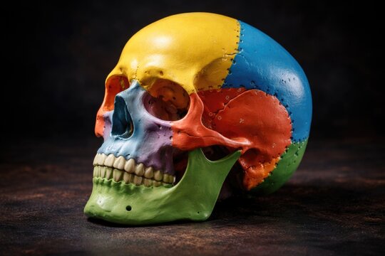 Colorful educational plaster skull model for anatomy and forensic science on a dark backdrop