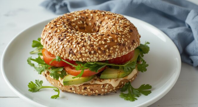 Vegan sesame bagel with creamy almond spread sliced tomato avocado and fresh watercress