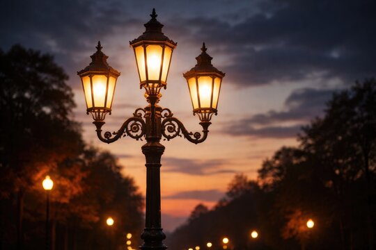 Vintage sky lamp post glowing at dusk