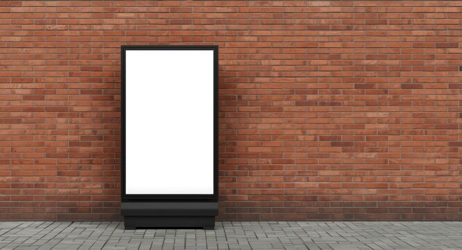 White advertising sign template empty on vertical pylon against brick build