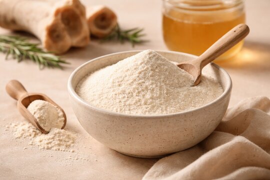 Natural collagen bone broth powder in a ceramic bowl on a soft beige background for health promotion
