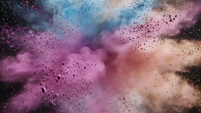 Vibrant powder explosion in multiple bright colors against a dark background