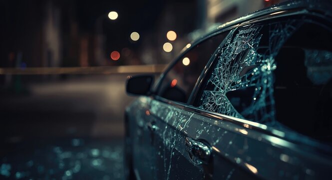 Shattered car window following a criminal act