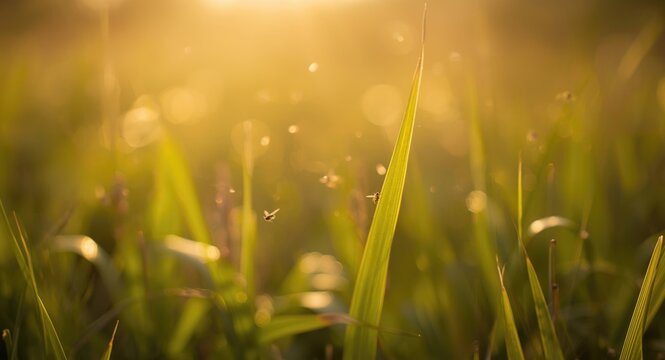 Warm sunlight illuminating blurred grass with small gnats buzzing overhead