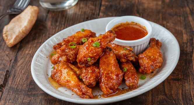 Tangy chicken wings served with sauce on hand crafted wooden table