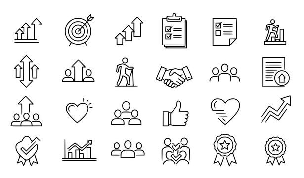 Motivation and personal development line icon collection with editable stroke in creative scattered layout