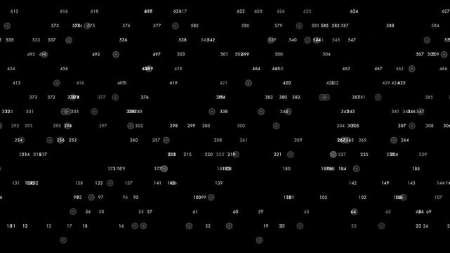 Clusters of white numbers and dots drift horizontally across a dark frame. Best used as an overlay for videos about coding, AI, or stock market data visualization.