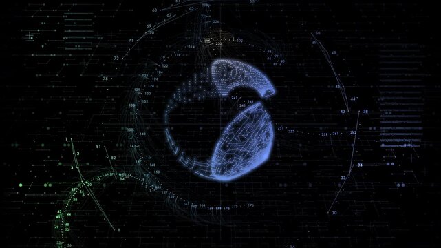 A rotating digital globe is surrounded by complex data rings and scanning interfaces. Excellent for themes of global connectivity, cloud computing, and advanced cybernetics.