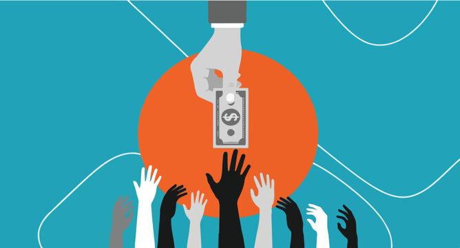 Giving Money Illustration with Helping Hand and Diverse Reaching Hands