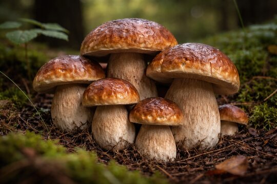 Cluster of Boletus Edulis Mushrooms in Forest Floor Setting