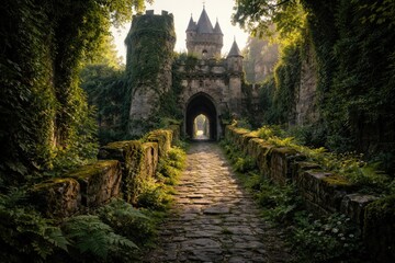 Fototapeta premium Ancient Castle Entrance Surrounded by Overgrown Greenery at Sunrise
