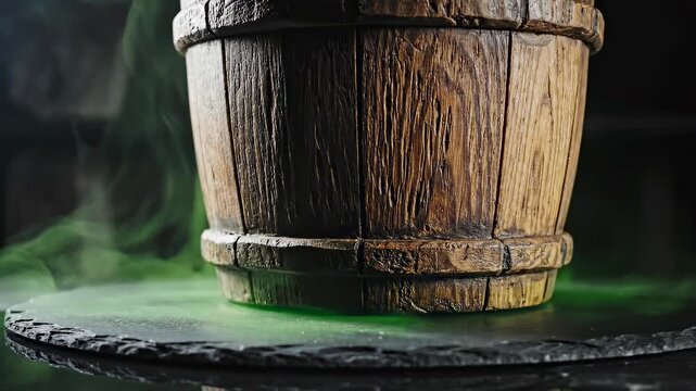 Wooden bucket with green smoke and glowing aura in rustic mysterious fantasy setting, eerie dramatic atmosphere, magical energy, and dramatic lighting