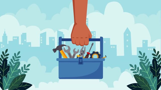 Close-up of a hand carrying a toolbox filled with essential repair tools against a modern city skyline. Concept of maintenance, construction, skilled labor, and professional service work.