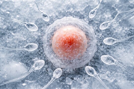 Close up of egg and sperm cells preserved on ice with scientific precision white background
