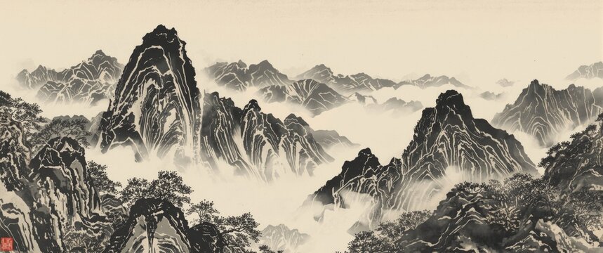 Detailed sumi e mountain and forest ink painting including hieroglyphics translating to eternity