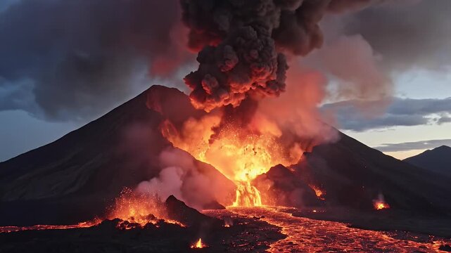 A dramatic volcano erupts with a massive ash cloud and flowing lava streams
