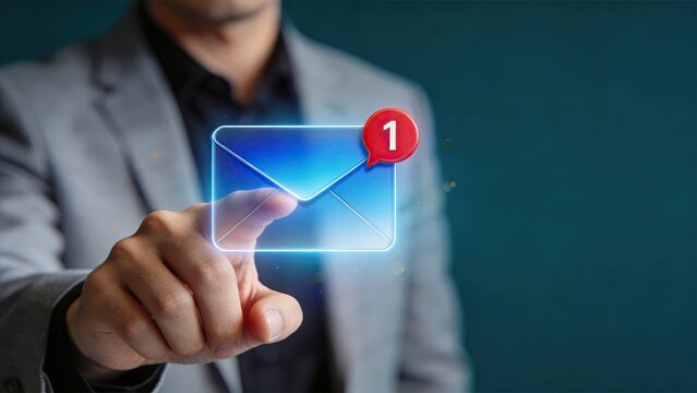 Businessman pressing glowing holographic email icon with red notification badge digital communication concept modern technology interface corporate messaging system new message