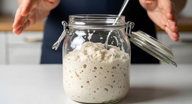 Active sourdough starter stored in a glass jar with visible fermentation bubbles.