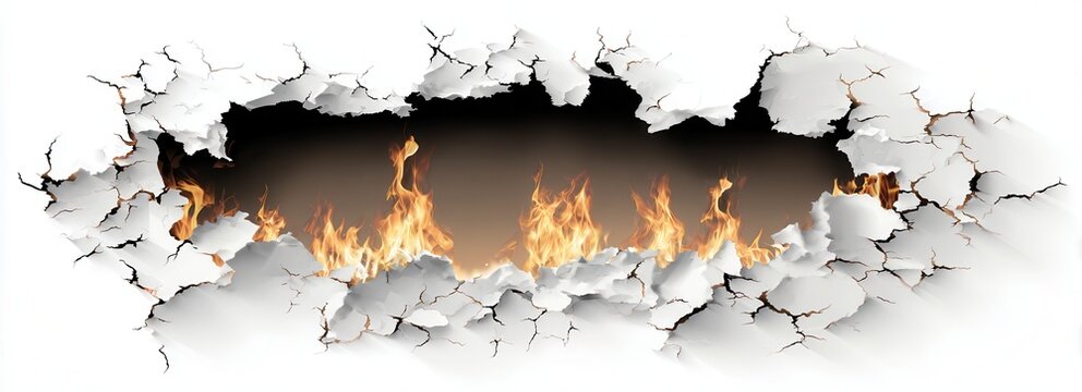 Ein aufgerissenes Loch in einer wei&szlig;en Oberfl&auml;che enth&uuml;llt lodernde Flammen und symbolisiert Zerst&ouml;rung, Gefahr oder einen Durchbruch.