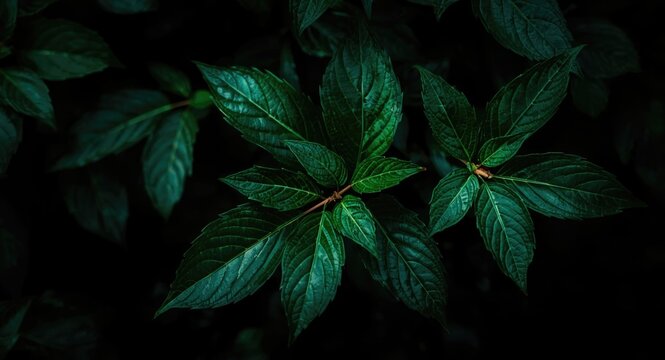 Vivid dark green Homalomena leaves with dynamic light contrast and copy space
