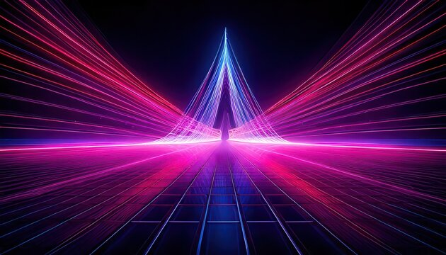 Dynamische, leuchtende Lichtbahnen in einem virtuellen Raum, die eine schnelle Daten&uuml;bertragung und futuristische &Auml;sthetik darstellen.