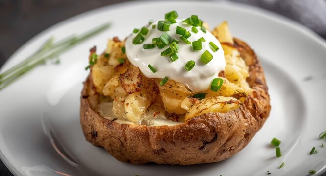 Twice cooked baked potato accompanied by a creamy sour cream and chives topping