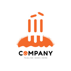 Cricket logo with ball, stumps, wicket and grass illustration