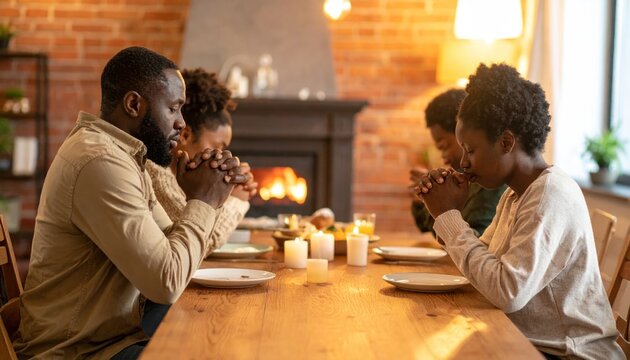 Family gathers around a table to pray before a meal, expressing gratitude and togetherness