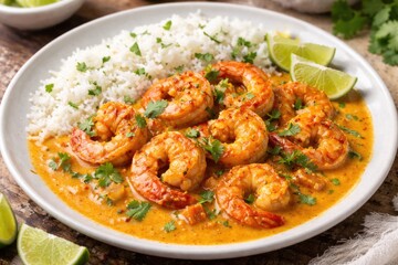 Fototapeta premium Delicious coconut shrimp curry with tender shrimp and fresh cilantro served with fluffy white rice on a traditional white plate