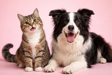 Obraz premium Playful tabby cat and border collie dog posing on pastel pink background