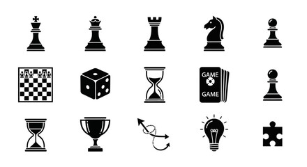 Black and white icons depicting chess pieces game board dice timer cards trophy lightbulb and puzzle piece © Julian Vance