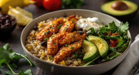 Fototapeta premium Zesty homemade chicken burrito bowl with rice beans corn avocado and fresh greens