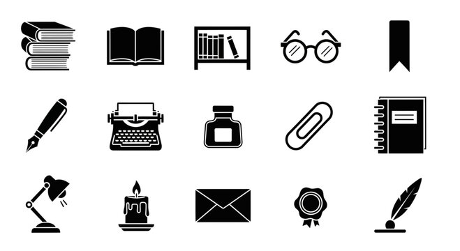 Black silhouette icons of writing reading and office supplies on white