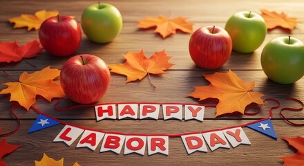 Happy Labor Day banner with apples and autumn leaves on wooden table