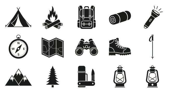 Black silhouette icons representing camping and outdoor gear arranged in a 3x5 grid