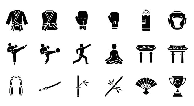 Black silhouette icons representing martial arts equipment actions and related items