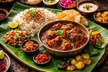 Obraz premium Spicy Indian mutton curry with fragrant rice and colorful sides on a banana leaf