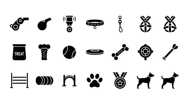 Set of 18 black solid icons related to dog training and supplies