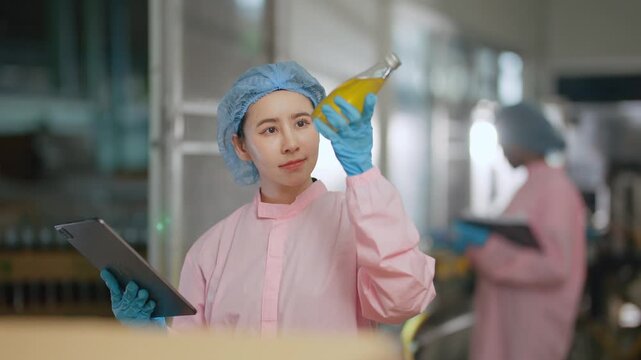 Quality Control Inspection: A diligent worker in a sterile environment meticulously examines a bottle of liquid, ensuring product quality and adherence to safety standards.