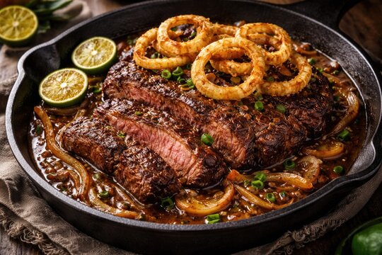 Traditional Filipino Angus Bistek with Soy Sauce and Crispy Onion Rings in Cast Iron Pan
