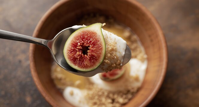 View from above of spoon carrying fig slice over dessert with prickly pear mousse and gofio crumble in wood bowl